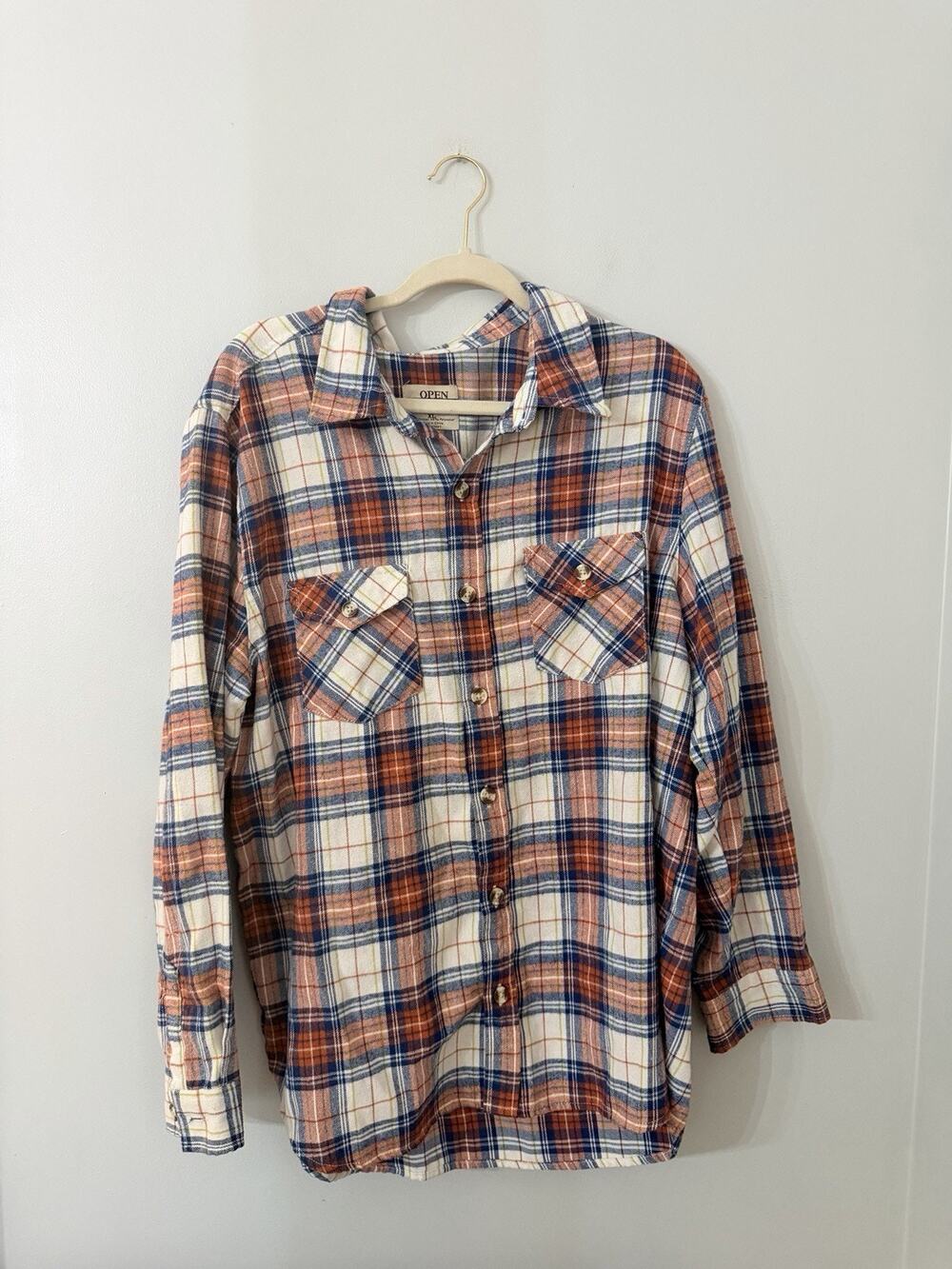 Open Trails Shirt Mens XL Red White Blue Flannel Plaid Button Up Camp Hunt